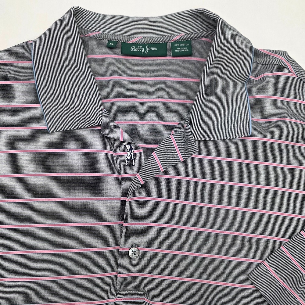 Bobby Jones Polo Shirt‎ Mens XL Pink Gray Striped Short Sleeve Golf Casual